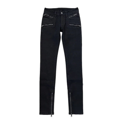 Women Tight Low Rise Jeans Biker Moto Zipper Cuffs Stretchy Black Split Straight Denim Pants Rokku Gyaru Streetwear