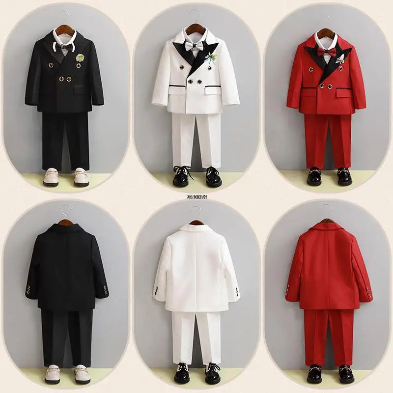 Children White Wedding Suit Boys Girls1 Year Birthday Dress Costume Kids Jacket Pants Bowtie Photograph Suit Flower Tuxedo Dress