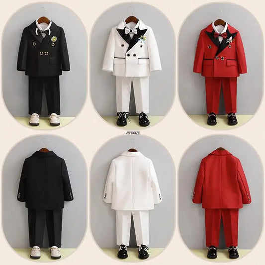 Children White Wedding Suit Boys Girls1 Year Birthday Dress Costume Kids Jacket Pants Bowtie Photograph Suit Flower Tuxedo Dress