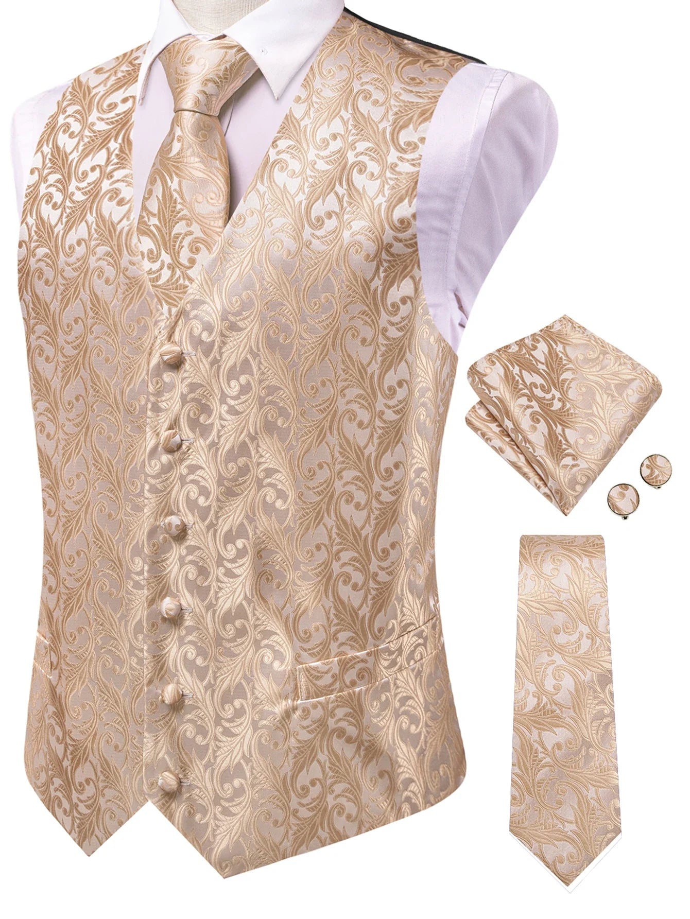 Men's Classic Floral Vest & Tie Hanky Cufflinks Set – Waistcoat for Weddings Events Party Gift