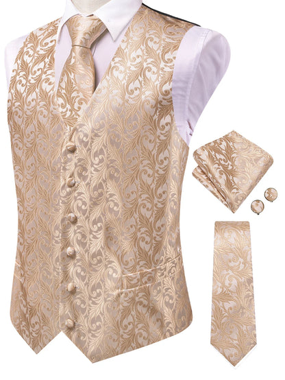 Men's Classic Floral Vest & Tie Hanky Cufflinks Set – Waistcoat for Weddings Events Party Gift