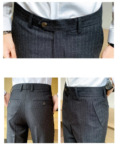 Boutique Classic Plaid and Striped Fashion Men's Casual Business Slim Suit Pants Groom Wedding Dress Trousers Party