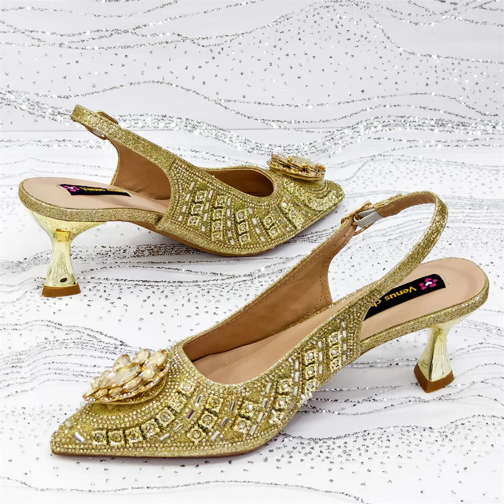 Popular Pointed Women Shoes Heels and Bags Rhinestone Chain Ladies Wedding Party Elegant and Luxurious Fashion