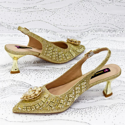 Popular Pointed Women Shoes Heels and Bags Rhinestone Chain Ladies Wedding Party Elegant and Luxurious Fashion