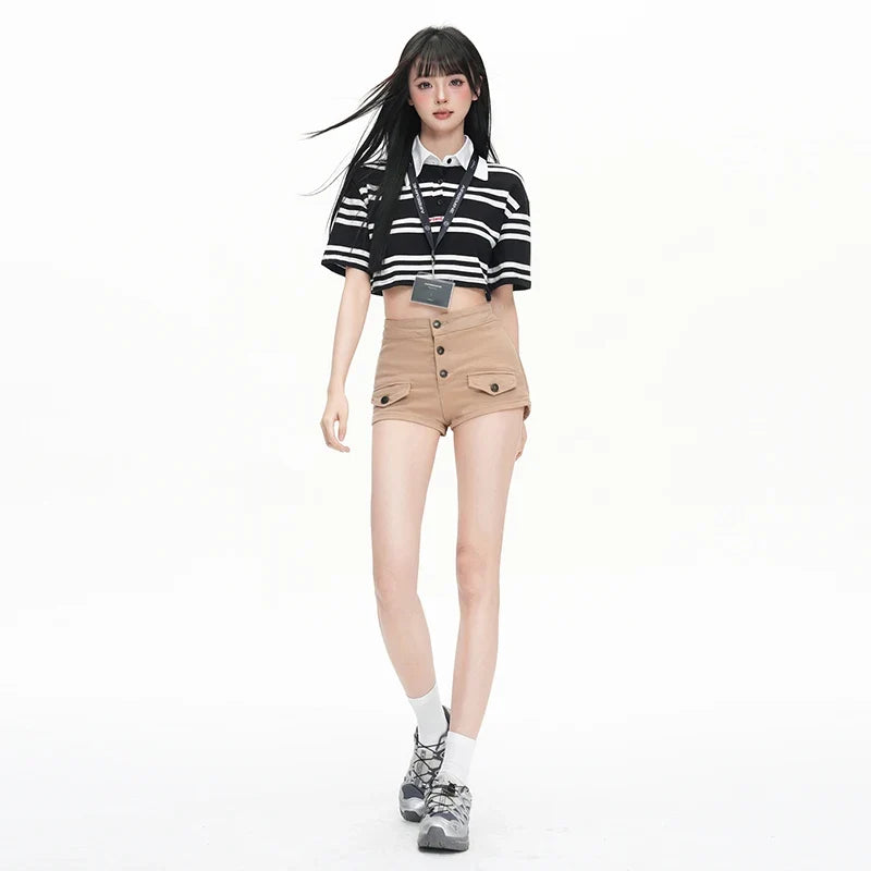 Pure Desire Slim Hip Hugging Hot Pants Old Money Style Hip Enhancing Multi Button High Waist Tight Summer New Denim Shorts