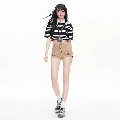Pure Desire Slim Hip Hugging Hot Pants Old Money Style Hip Enhancing Multi Button High Waist Tight Summer New Denim Shorts