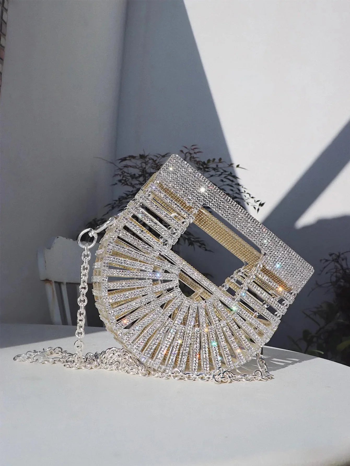 Women's Half-Moon Evening Bag Luxury Designer Rhinestone clutch bag Fan Shape Golden Party Bag Mini Sparkling Wedding Purse
