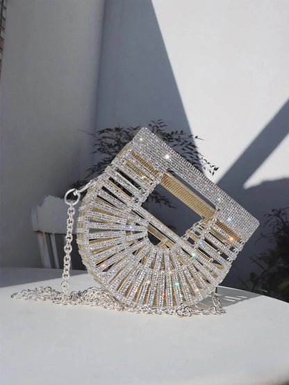 Women's Half-Moon Evening Bag Luxury Designer Rhinestone clutch bag Fan Shape Golden Party Bag Mini Sparkling Wedding Purse