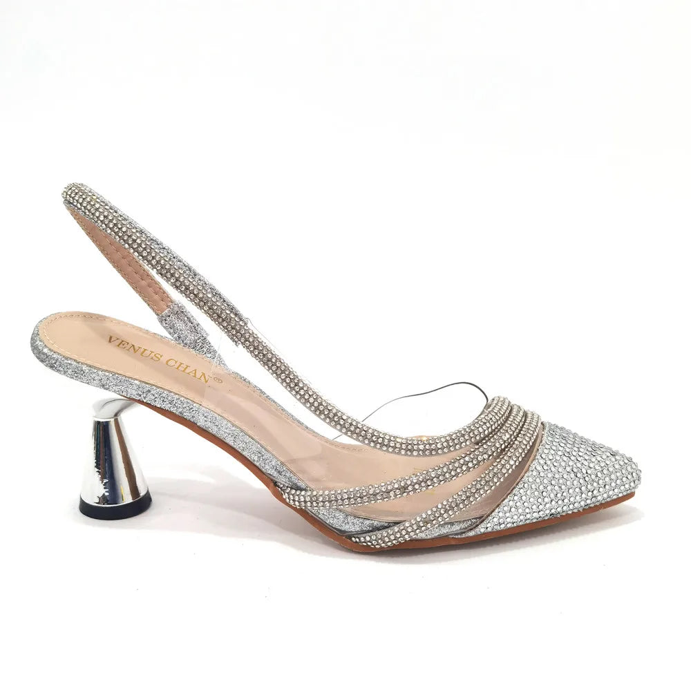 Italian Pointed Toe Wedding Shoes Gold Color Summer Sandal for Women 2023 High Heels Rhinestone Shoe and Bag Set