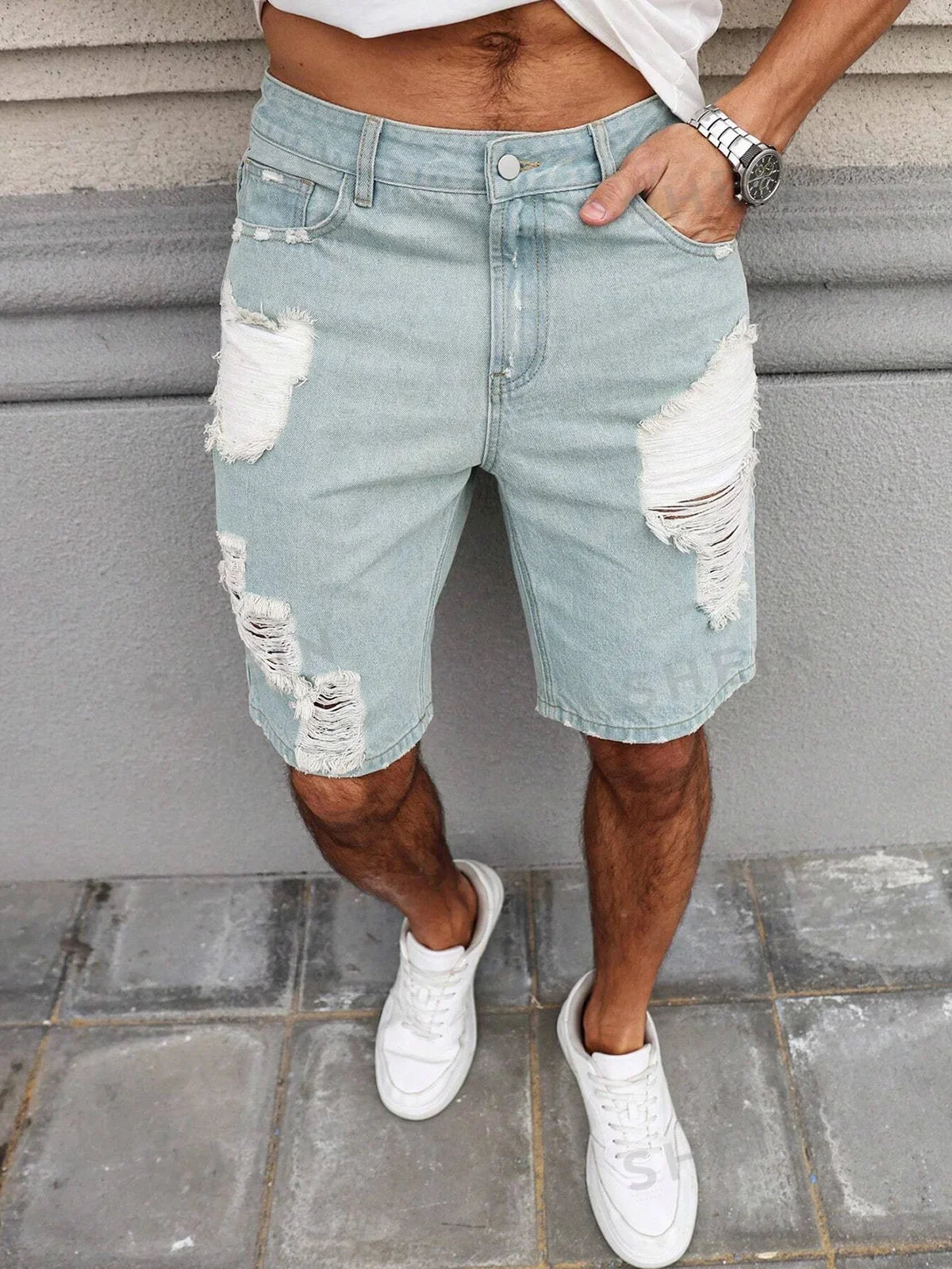 Men's Light Blue Ripped Denim Shorts, Summer Casual Streetwear Loose Straight-Leg Denim Shorts