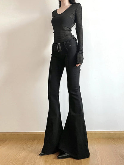 Women's Black Jeans Flare Pants Y2k Retro Emo 2000s Streetwear Fashion Trousers Harajuku Wide Yoga Pants 90s Aesthetic Clothes