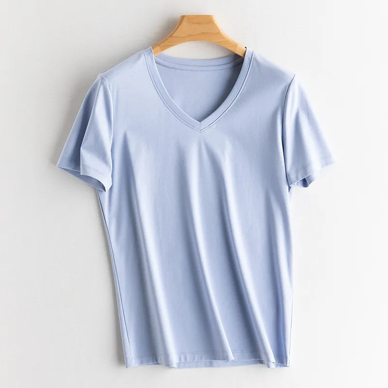 Women Solid T shirts, Silk Cotton Blend, O Neck, Short Sleeved Solid Tee,2025 Summer Candy Colors Basic Cozy Top Green