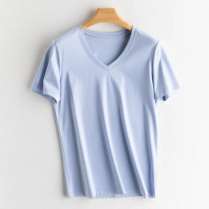 Women Solid T shirts, Silk Cotton Blend, O Neck, Short Sleeved Solid Tee,2025 Summer Candy Colors Basic Cozy Top Green