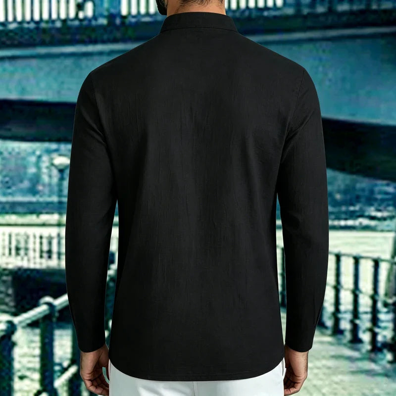 Men Mandarin Collar Long Sleeve Henley Cotton Linen Shirt Chest Pocket Breathable Beach Travel Daily Casual V Neck Top