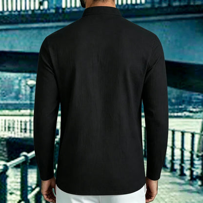 Men Mandarin Collar Long Sleeve Henley Cotton Linen Shirt Chest Pocket Breathable Beach Travel Daily Casual V Neck Top