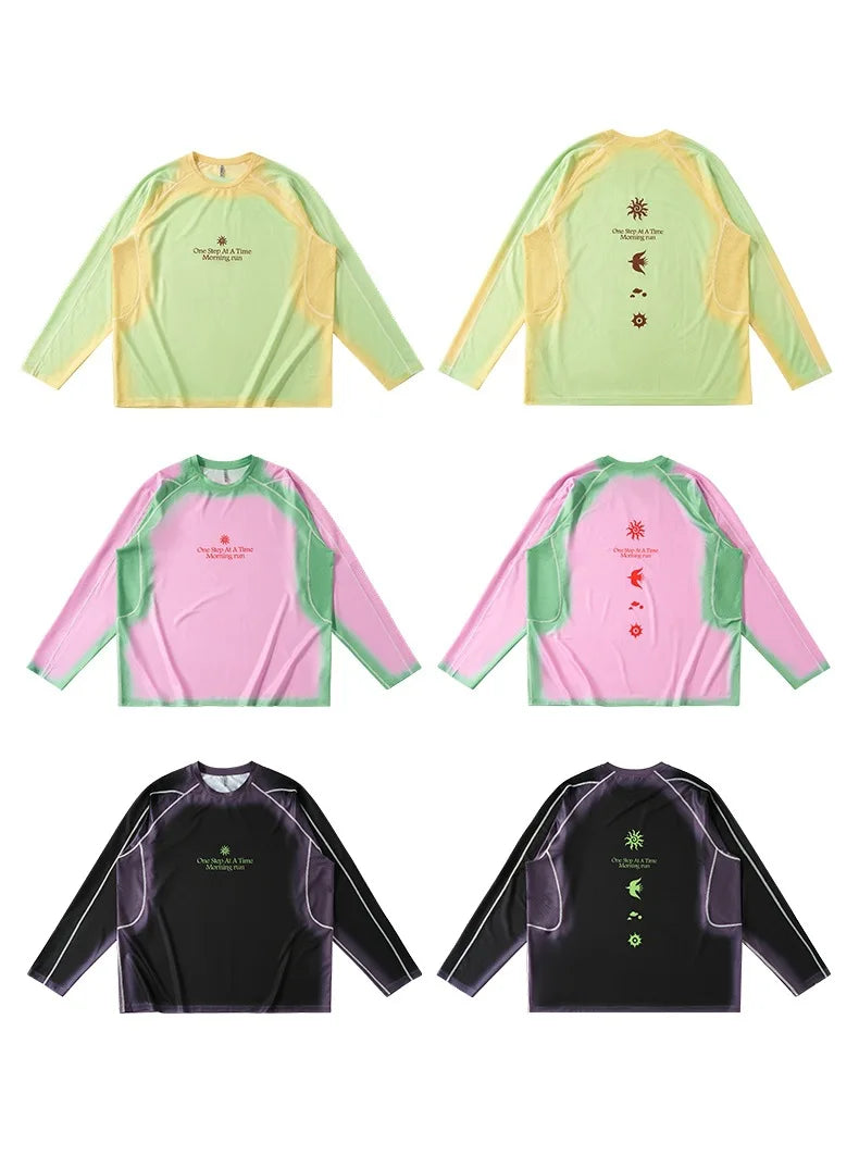 Men's Outdoor Running Long Sleeve T-Shirt Gradient Color Digital Print Quick Dry Breathable Sports Top Unisex