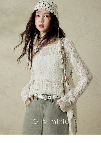 Women 's Apricot White Hollow Knitted Sweater Spring 2025 Mohair Cover Drop Sleeve Top Strapless Slim Tube Top MXE12Z1120
