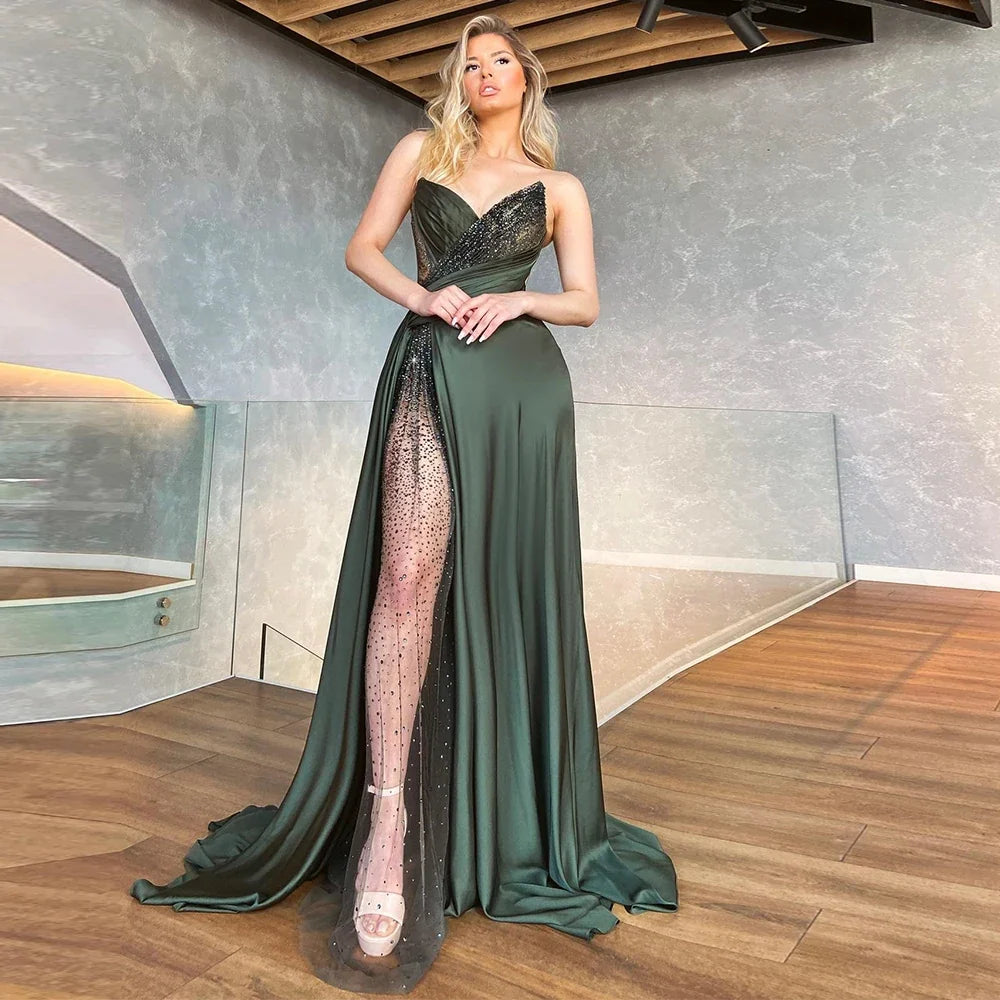 Corset Spaghetti Strap Black Pleat High Slit Asymmetrical Prom Gowns Custom Beading Sequined Women Dress Vestidos De Fiesta New