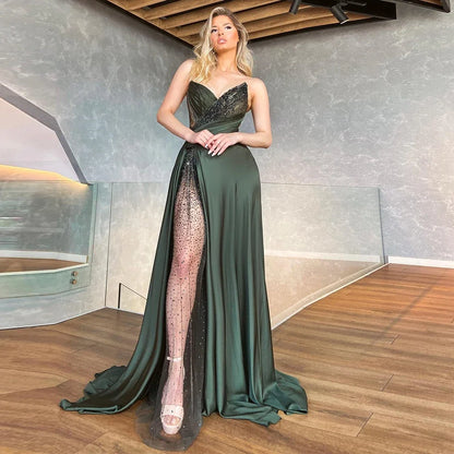 Corset Spaghetti Strap Black Pleat High Slit Asymmetrical Prom Gowns Custom Beading Sequined Women Dress Vestidos De Fiesta New