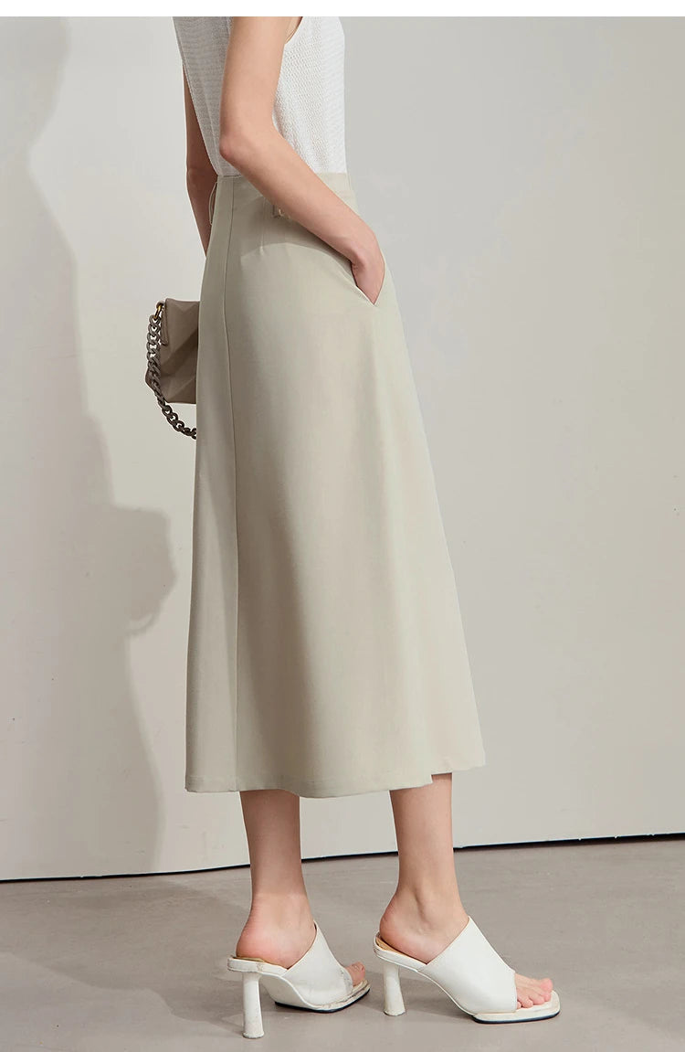 Minimalist Knee length Skirt Women Pleated A-line Loose Dress Elegant Commuting Style Belt Decoration Skirts 12522074