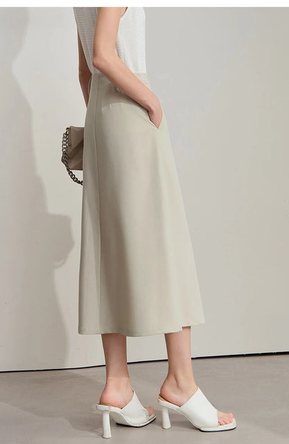 Minimalist Knee length Skirt Women Pleated A-line Loose Dress Elegant Commuting Style Belt Decoration Skirts 12522074