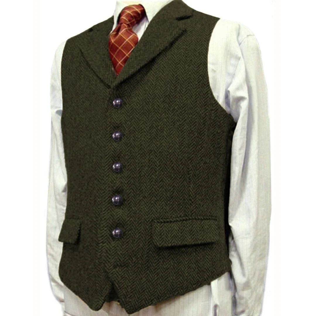 Men Vest Brown With Lapel Boutique Herringbone Single Button Fit Waistcoat Casual Formal Business Wedding Daily Men Suit Vest