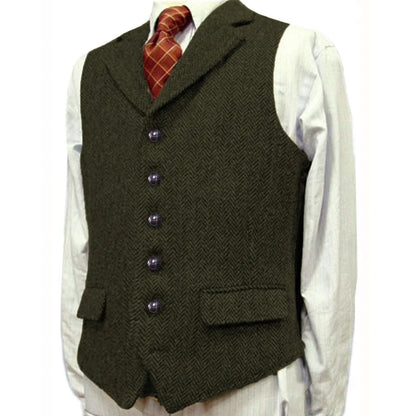 Men Vest Brown With Lapel Boutique Herringbone Single Button Fit Waistcoat Casual Formal Business Wedding Daily Men Suit Vest