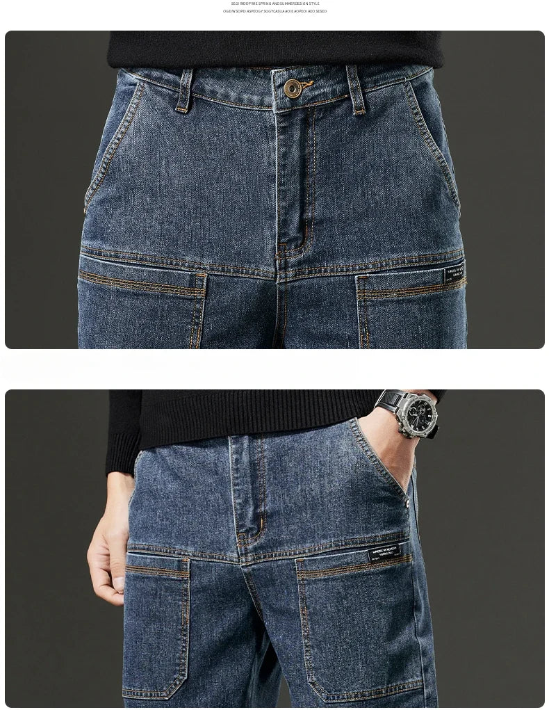 6 Pocket Design Denim Jeans Men's 2025 New High Elasticity Denim Casual Trousers Straight Male Pants Fashion Mid-waist Jeans