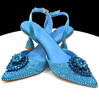Blue Color Rhinestone Comfortable high heel shoe And Bag Fashion Style Pointed-Toe Shoes For Women Or Commuting Shoes