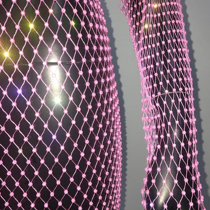 Shiny Rhinestones Grid Fishnet Dress Long Sleeve O-Neck Hollw Out Side Slit Dress Sexy Beach Cover Up Breathable Women Vestidos