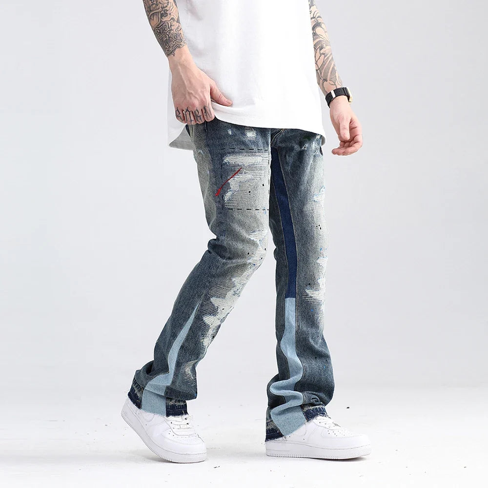 Blue Speckle Ink Washed Flared Jeans Slim Fit Hip Hop Graffiti Ripped Denim Pant Men Streetwear Vintage Wide Leg Jean Pants Y2k