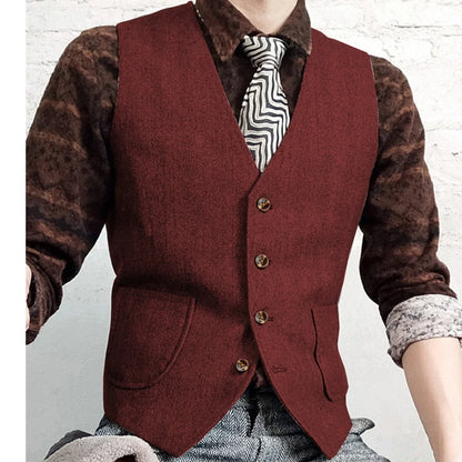 Men Vest Gray Herringbone Single Button V Neck Waistcoat For Wedding Banquet Business Office Work Daily Casual Men Suit Vest