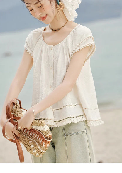 Embroidered French Shirt Women Summer 2025 Short Sleeve Round Neck Solid Blouses Female Fashion New Tops Lady MXE33X1744