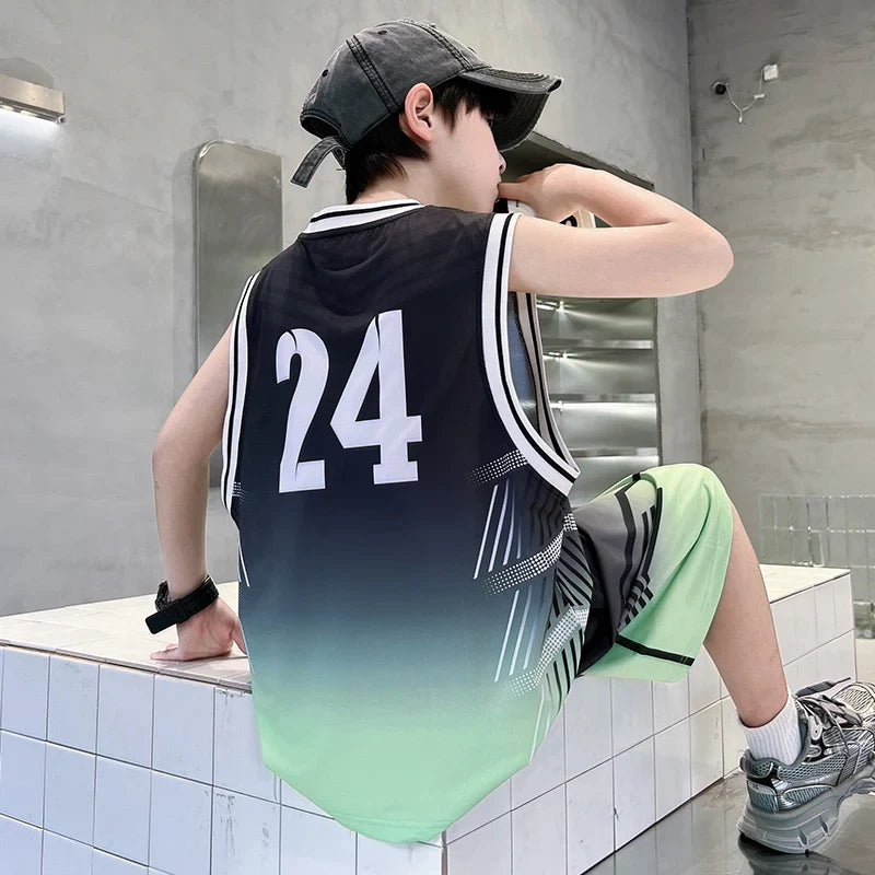 Summer Boy Child Basketball T-shirt Shorts Jersey Suit Quick Dry Kids Sports Wear Outfit Tweens Casual Clothing Set Sportswear