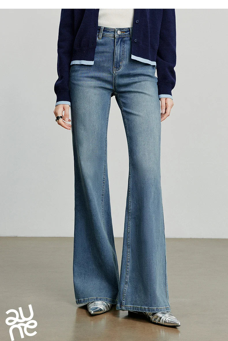 Women Denim jeans 2025 Autumn New Lycra Stretch Mid Waist Cotton Flares Pants