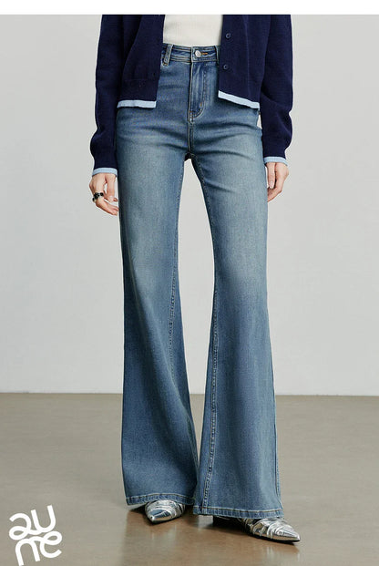 Women Denim jeans 2025 Autumn New Lycra Stretch Mid Waist Cotton Flares Pants