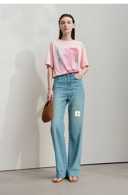 Women's T-Shirt 2026 Summer New Cotton O-Neck Drop Shoulder Tee Casual Printed Loose Short Sleeve Top For Women 12642030