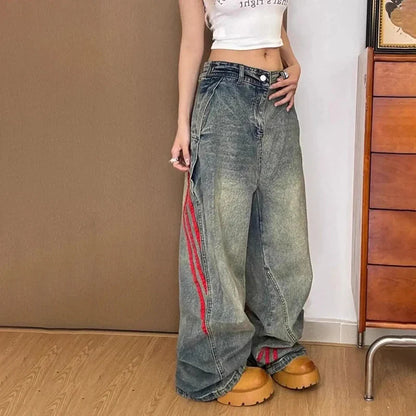 Autumn And Winter Korean Fashion Women'S Straight Leg Jeans With Side Stripes Wide Leg Pants Casual Pants Blue Jeans