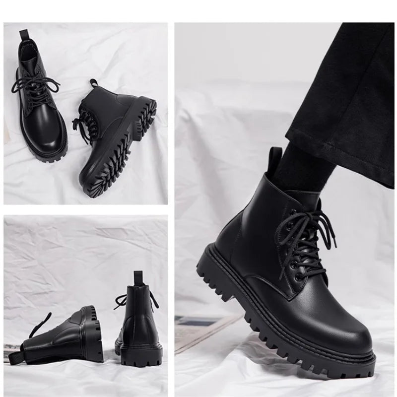Black Men's Casual Leather Boots Fashion Winter Men Work Boot Mens Shoes Non-slip Designer High Top Ankle Boots Motorcycle Shoes