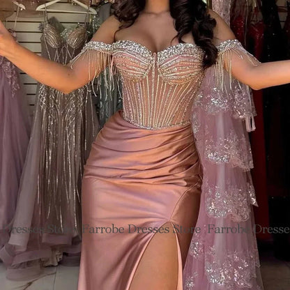 Luxurious Women's Evening Dresses 2025 Stretch Fabric Sheath Celebrity Dress Rose Pink Off-the-shoulder Crystals Prom Gown Long
