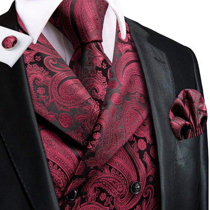 Dark Red Men's Vests Silk Paisley Jacquard Waistcoat Jacket NeckTie Hanky Cufflinks for Men Business Party Designer Gifts