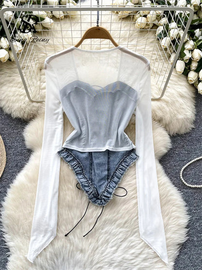 American Retro Patchwork Sexy Blouse 2024 Women Squre Neck Long Sleeves Sheer Top Streetwear Ins Lace Up Denim Shirt