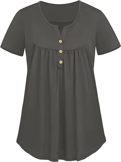 Solid Color Button Front Tee, Casual Fashion Short Sleeve Scoop Neck T-shirt for Summer