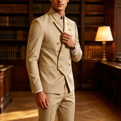 Men's Double Breasted Stand Collor Suit 2 Pieces Blazer Pants Set Slim Fit Business Casual Suit Jacket Formal Wedding Tuxedo