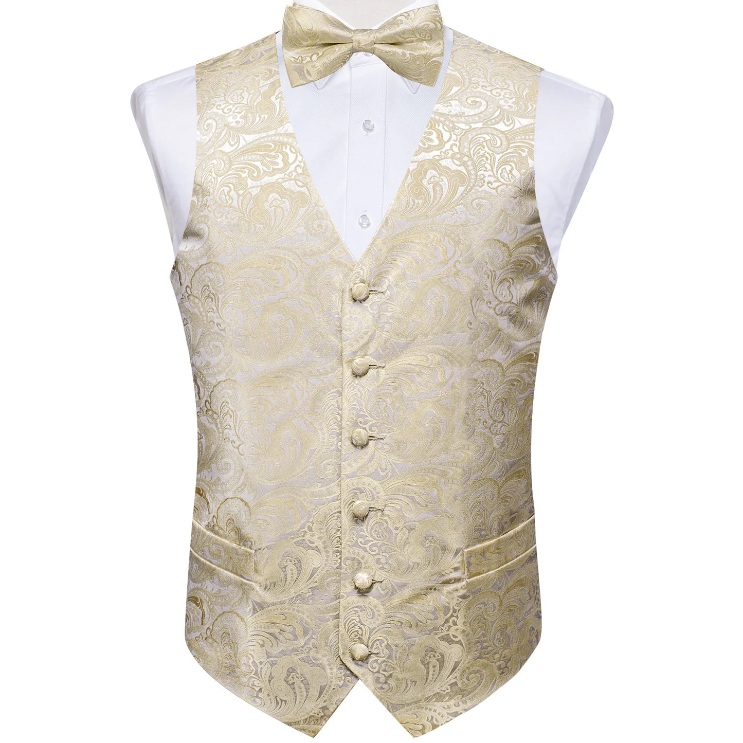 Men Wedding Vest Suit White Black Paisley Sleeveless Waistcoat for Man Shirt Accessories Fromal Bowtie Pocket Square Cufflinks