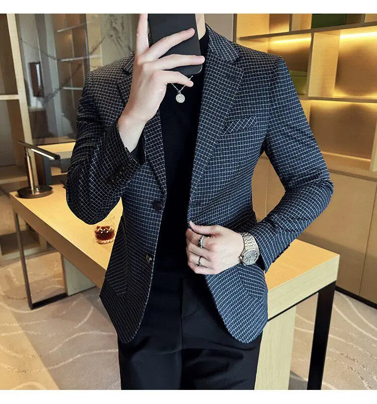 Men's Elegant Grid Suit Jacket 2026 Spring New Fashion Slim Blazer Jackets Social Prom Dress Jacket Men's High Quality Clothing