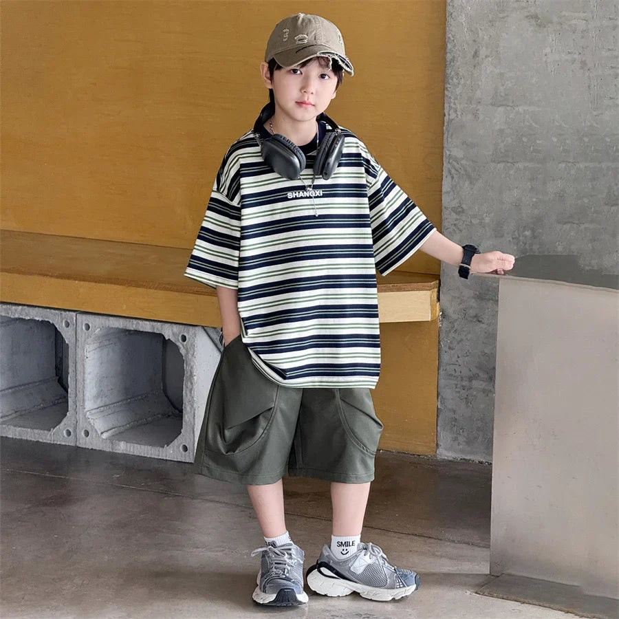 Korean Kids Striped Summer Suit for Boys Top and Bottom Set Children Cotton Short Sleeve T-shirt and Cargo Shorts Clothes Set