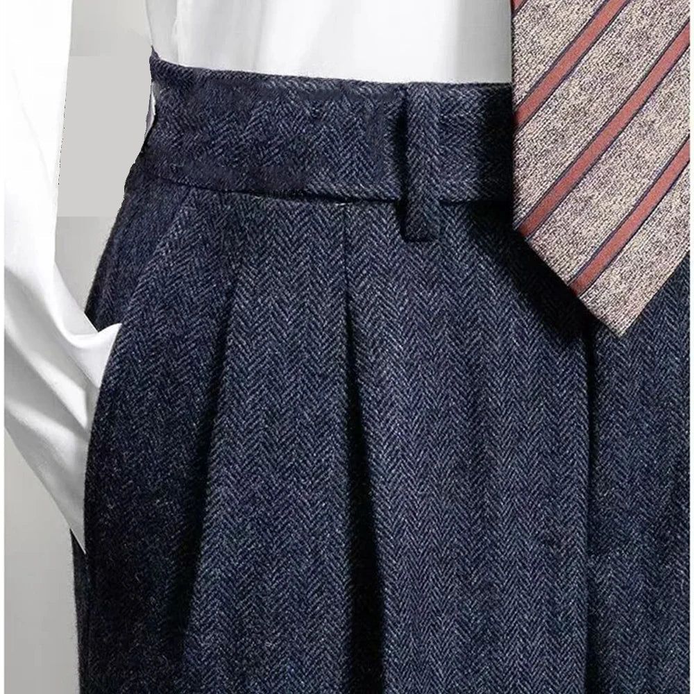 Italian Vintage Suit Pant For Men Autumn Winter Wool Herringbone Pattern Straight Trousers British Style Business Casual Pants