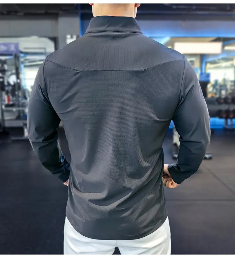 Stand-up Collar Sports Long-sleeved Men Autumn Outdoor Running Gym Fitness Training Clothes Elastic Quick-drying Breathable Top