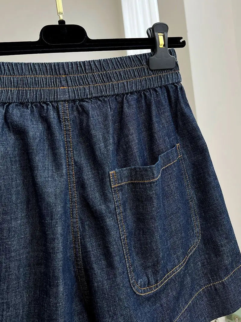 European-style high-end elastic waist casual denim shorts for women, summer thin loose high-waist A-line wide-leg hot pants